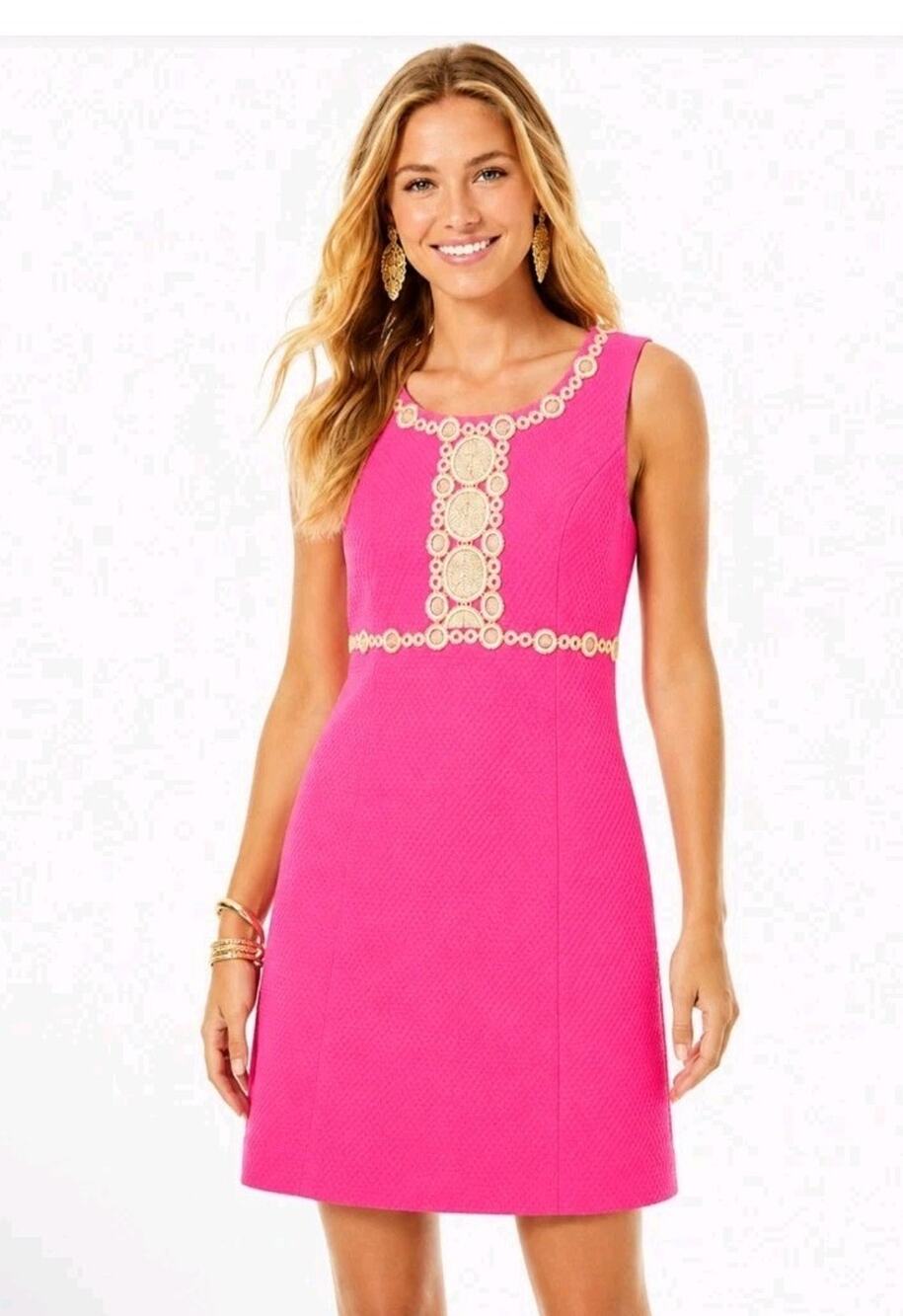 Lilly Pulitzer Rosie Shift Dress Pink with Gold Braid Trim Sz 6